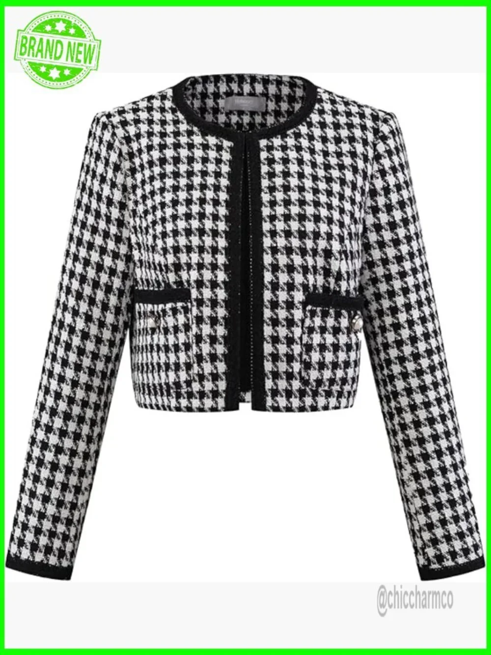 Collarless Cropped Tweed Blazer Houndstooth Jacket